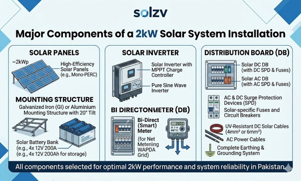 Major Components of a 2kW Solar System Installation